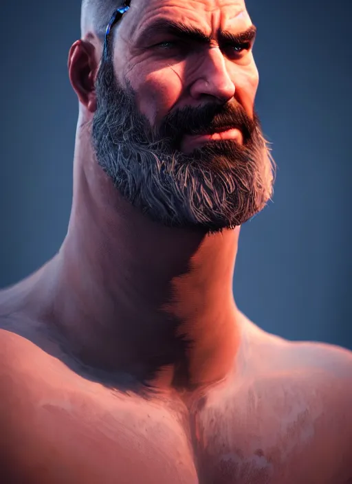 Image similar to an epic fantasy comic book style portrait painting of a big broad shouldered short haired man with a scar on his face and wears plain fantasy thief clothing, unreal 5, daz, hyperrealistic, octane render, cosplay, rpg portrait, dynamic lighting