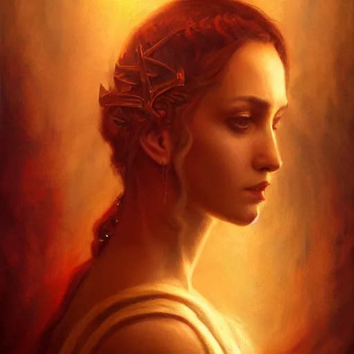 Image similar to majestic gracious regal seductive hekate portrait, ancient greece, atmospheric lighting, painted, menacing, intricate, volumetric lighting, beautiful, rich deep colours masterpiece, golden hour, sharp focus, ultra detailed, by leesha hannigan, ross tran, thierry doizon, kai carpenter, ignacio fernandez rios