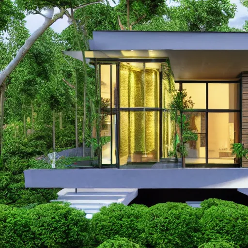 Image similar to modern house, surrounded by a lush jungle, hyper realistic, photo real,