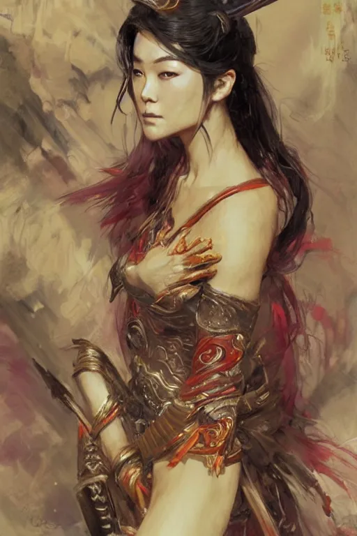 Image similar to wuxia, attractive female warrior, character design, colorful, painting by gaston bussiere, craig mullins, greg rutkowski, j. c. leyendecker