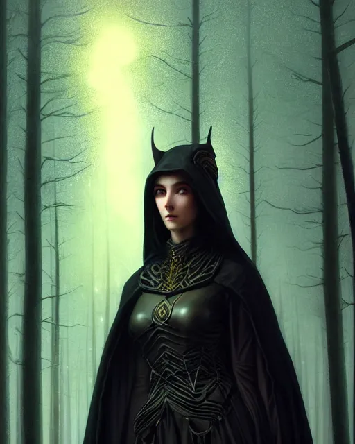 Image similar to nocturne, glowing, stars, a portrait of a female wood ranger, tall and thin, highly detailed, mysterious, ethereal, wearing elegant black leather armor, dark forest, illustration, painting, dramatic lighting, by edmund blair leighton, brom, charlie bowater, faces by otto schmidt