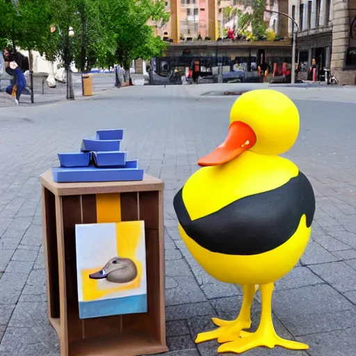 Image similar to a realistic duck walked up to the cubist lemonade stand