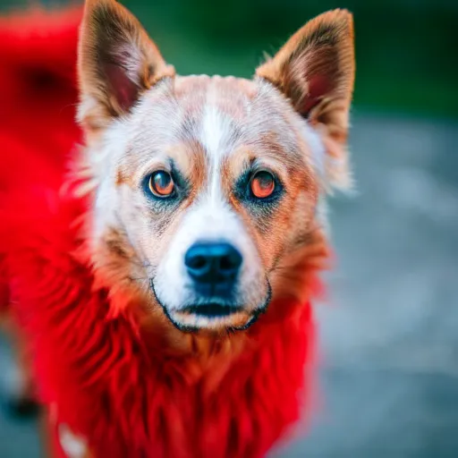 Image similar to ultra detailed photo of a dog with red flaming fur