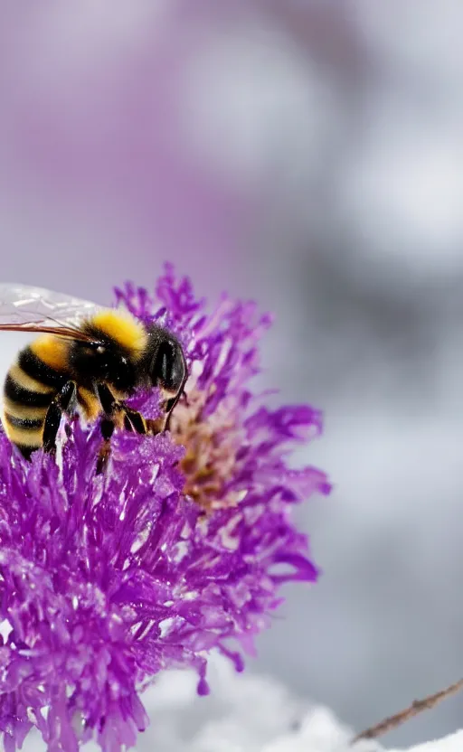 Image similar to a bee finding a beautiful flower, both entrapped in ice, only snow in the background, beautiful macro photography, ambient light