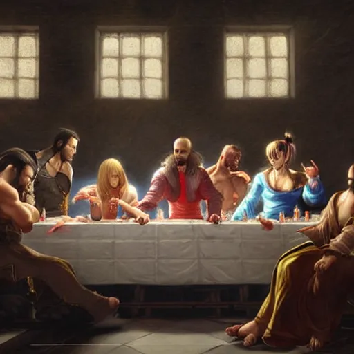 Prompt: tekken 7 characters in the last supper classical painting digital painting, trending on artstation, concept art, sharp focus, illustration, art by artgerm and greg rutkowski and magali villeneuve