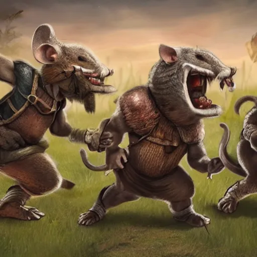 Image similar to a group of dwarves chase rats through an ancient field laughing