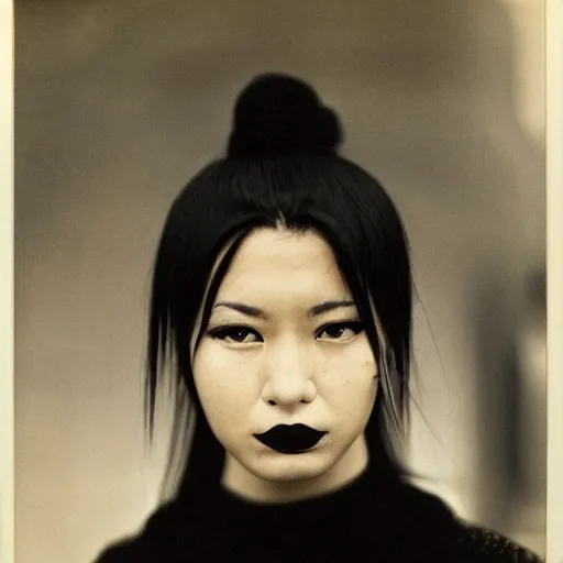 Image similar to A young woman with black and white hair looking disgusted away from the camera, Portrait by Noriyoshi Ohrai