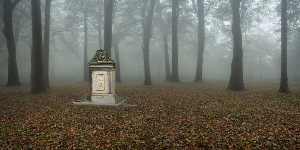 Prompt: a single tomb in the middle of a foggy forest, ornate, foggy