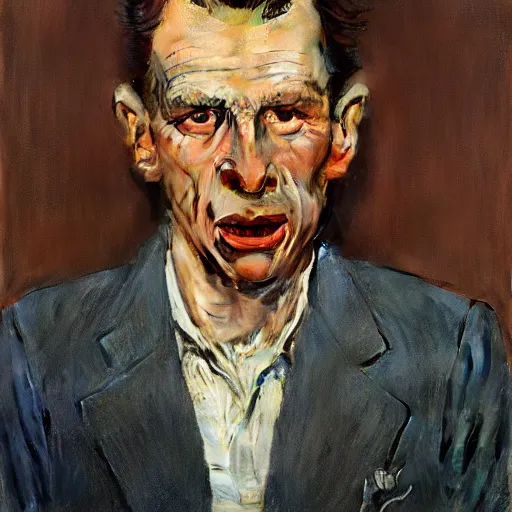 Image similar to high quality high detail painting by norman rockwell and lucian freud, hd, portrait of a dangerous psychopath, intense demonic look in the eyes, photorealistic lighting