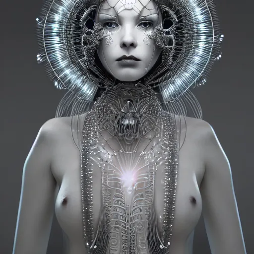 Prompt: closeup portrait of an absurdly beautiful, graceful, sophisticated, fashionable cyberpunk mechanoid gravure idol, an ultrafine hyperdetailed illustration by irakli nadar, matt wisniewski style, fashion photography, intricate linework, porcelain skin, jellyfish headdress, fractal ivory carved necklace, unreal engine 5 highly rendered, global illumination, radiant light, detailed and intricate environment