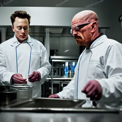 Image similar to elon musk and walter white cooking meth in a laboratory, amazing detail, detailed faces, sharp, 8k