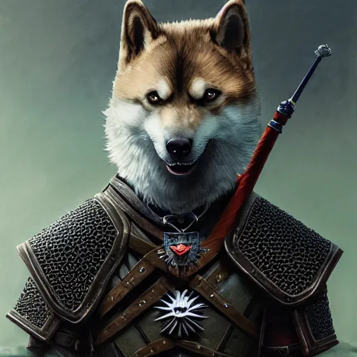 Image similar to wearing witcher 3 black armor, anthropomorphic shiba inu, shiba inu face, stuning 3 d render, masterpiece, glowing aura, by donato giancola and greg rutkowski and wayne barlow and zdzisław beksinski, realistic face