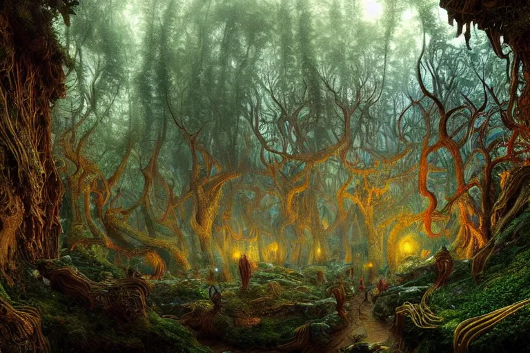 Prompt: a beautiful and highly detailed digital painting of an epic elven construction in an intricately woven forest in the misty mountains, psychedelic patterns, intricate details, epic scale, 8 k, sharp focus, photorealism, artstation, cgsociety, by caspar friedrich, albert bierstadt, james gurney, brian froud,