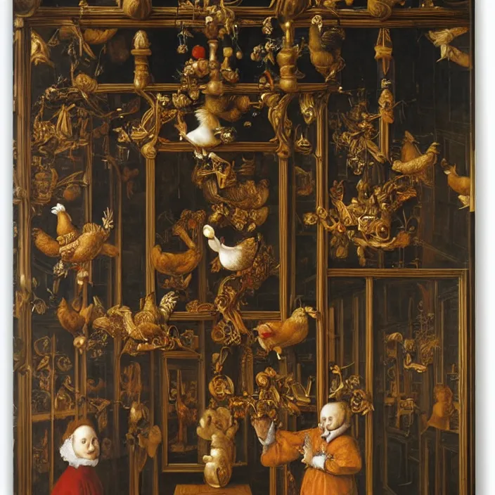 Prompt: a chicken in a hall of mirrors, chicken nebula, by jan van eyck