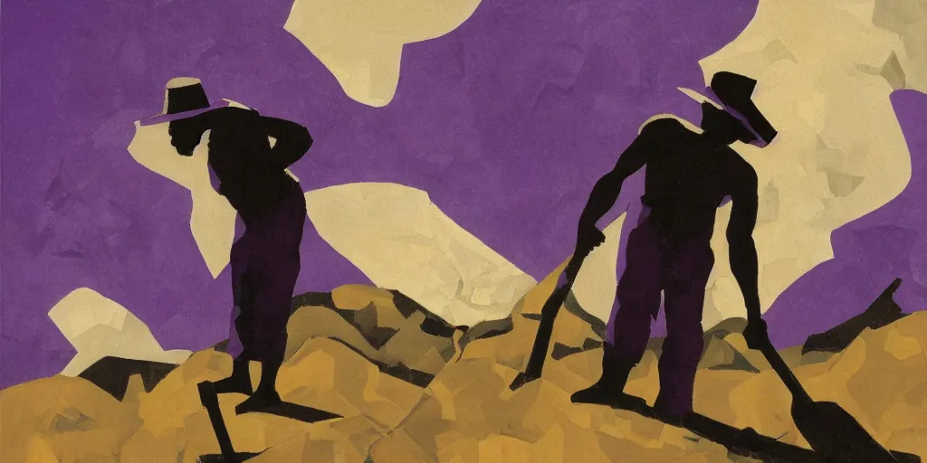 Image similar to old black man holding pick axe in hand, shades of purple, oil painting by aaron douglas,