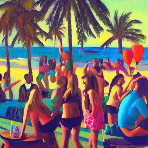 Image similar to “springbreak party, oil painting by mark tennant”