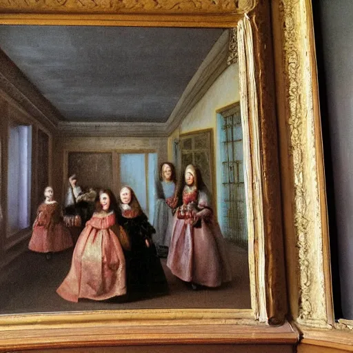 Image similar to super quality family portrait of the castles garden painted in 1 6 5 6, dark room, one point of light coming through the window inspired by las meninas, clear spaces between each subject and good detail and realistic eyes, faces for each person in the canva, inspired by diego velasquez baroque style