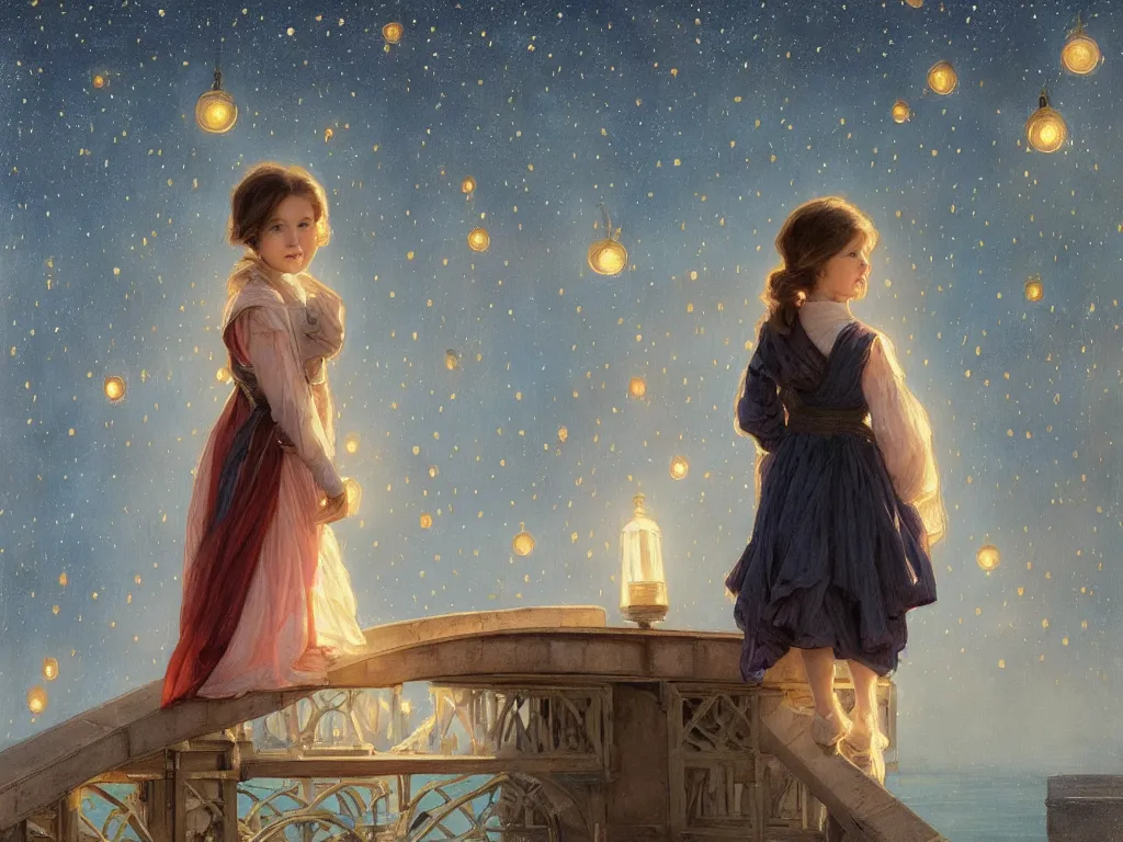 Image similar to a beautiful painting of a girl resembling millie bobby brown standing on a bridge, watching the view from the river of the lantern festival in a an ancient italian town, at night with a sky full of stars, intricate, elegant, highly detailed, digital painting, artstation, concept art, by krenz cushart and artem demura and alphonse mucha