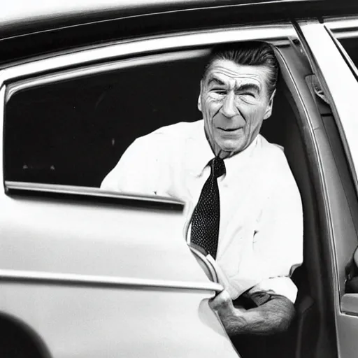 Prompt: “ ronald regan nervously locking his car door as he drives past a black person ”