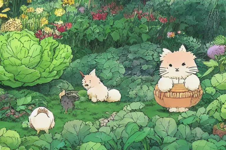 Image similar to cute fluffy creatures in the cabbage garden by studio ghibli, very high detail, 4k