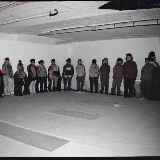 Prompt: found footage of the illuminate underground bunker ritual wide angle cult meeting