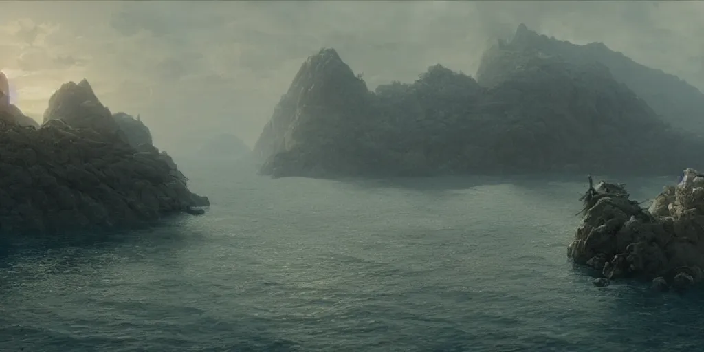 Image similar to screenshot from a movie, epic matte painting of an island, cinematic cinematography masterpiece, greg rutkowski, and ivan aivazovski, roger deakins