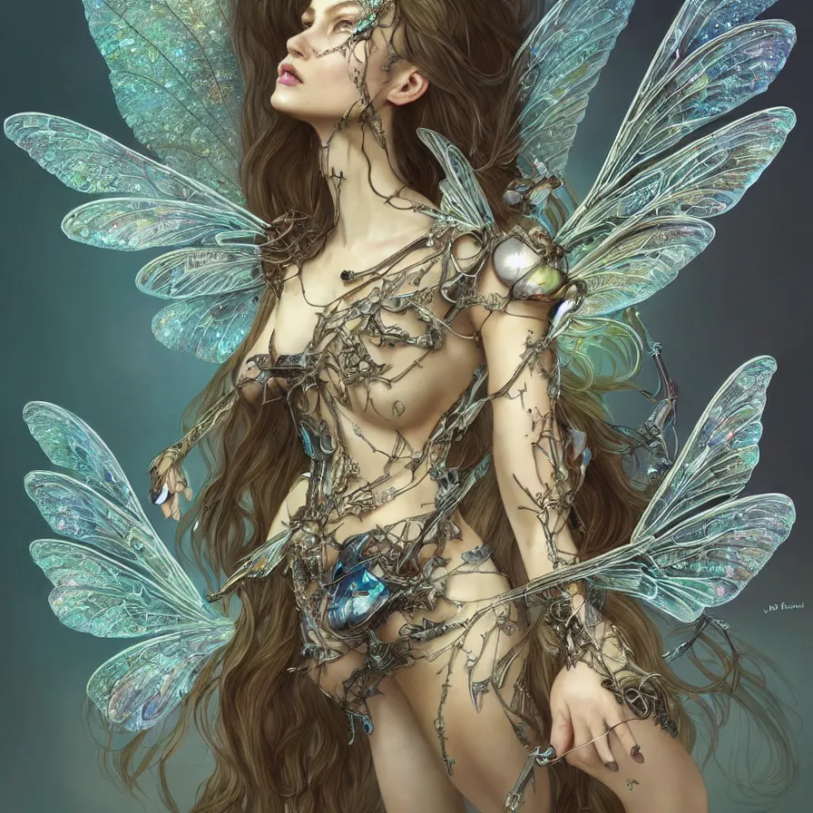 Prompt: organic cyborg fairy with dragonfly wing, crystal sculpture, fashion style, diffuse lighting, fantasy, intricate, elegant, highly detailed, lifelike, photorealistic, digital painting, artstation, illustration, concept art, smooth, sharp focus, by john collier and albert aublet and krenz cushart and artem demura and alphonse mucha.