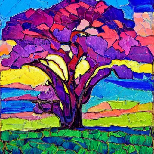 Image similar to a painting of a tree in the sunset, a gouache by Erin Hanson and RHADS, deviantart, neo-fauvism, fauvism, impressionism, vivid colors, rich color palette, acrylic art