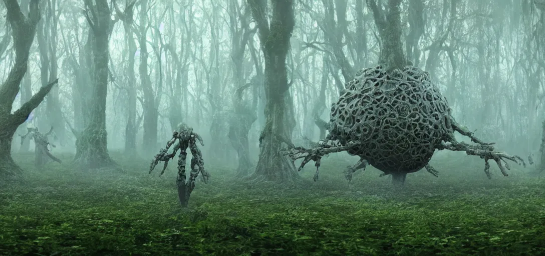 Image similar to a complex organic fractal 3 d metallic symbiotic ceramic humanoid megastructure creature in a swampy lush forest, foggy, cinematic shot, photo still from movie by denis villeneuve