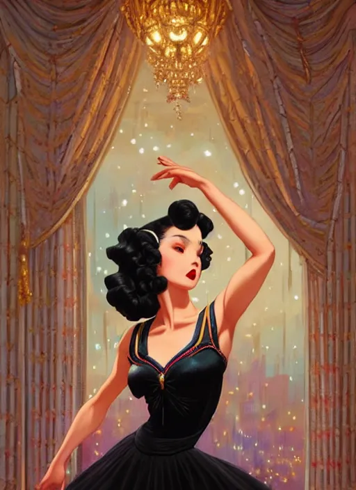 Image similar to a beautiful dancer with black hair in 1940's fashion, ballroom background, intricate, highly detailed, digital painting, artstation, official media, anime key visual, concept art, rich vivid colors, ambient lighting, sharp focus, illustration, art by Artgerm, Makoto Shinkai, Ilya Kuvshinov, Lois Van Baarle, and Rossdraws