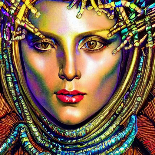 Image similar to close - up renaissance portrait of an iridescent art deco lady gaga, reflective detailed textures, highly detailed fantasy science fiction painting by moebius, norman rockwell and william holman hunt. modern industrial shaman, rich colors, high contrast. artstation