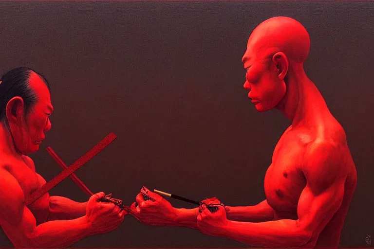 Image similar to only with red, a red samurai do seppuku, tokio, a lot of frogs watch, in the style of beksinski, parts by edward hopper, parts by rodcenko, parts by yue minjun, intricate and epic composition, red by caravaggio, insanely quality, highly detailed, masterpiece, red light, artstation, 4 k