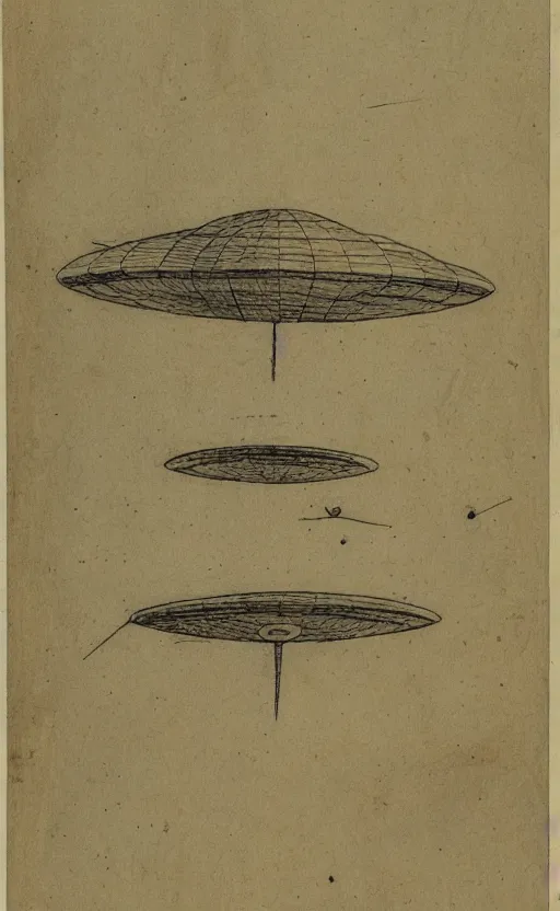 Image similar to page of the voynich manuscript with a drawing depicting a UFO in the sky