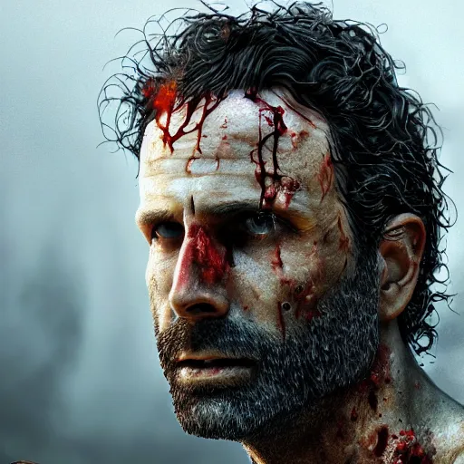 Image similar to rick grimes, zombie, head and shoulders shot, portrait, medieval, vivid colors, sharp focus, digital art, Hyper-realistic, 4K, Unreal Engine, Highly Detailed, HD, Dramatic Lighting by Brom, trending on Artstation