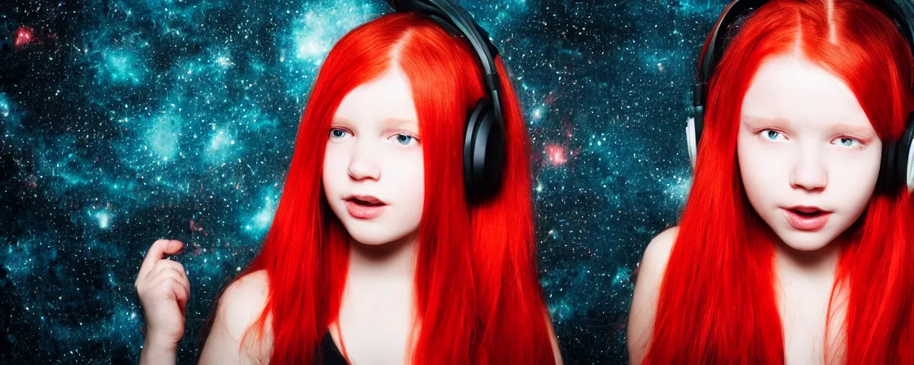 Prompt: Girl with red hair and red eyes wearing headphones, galaxy background