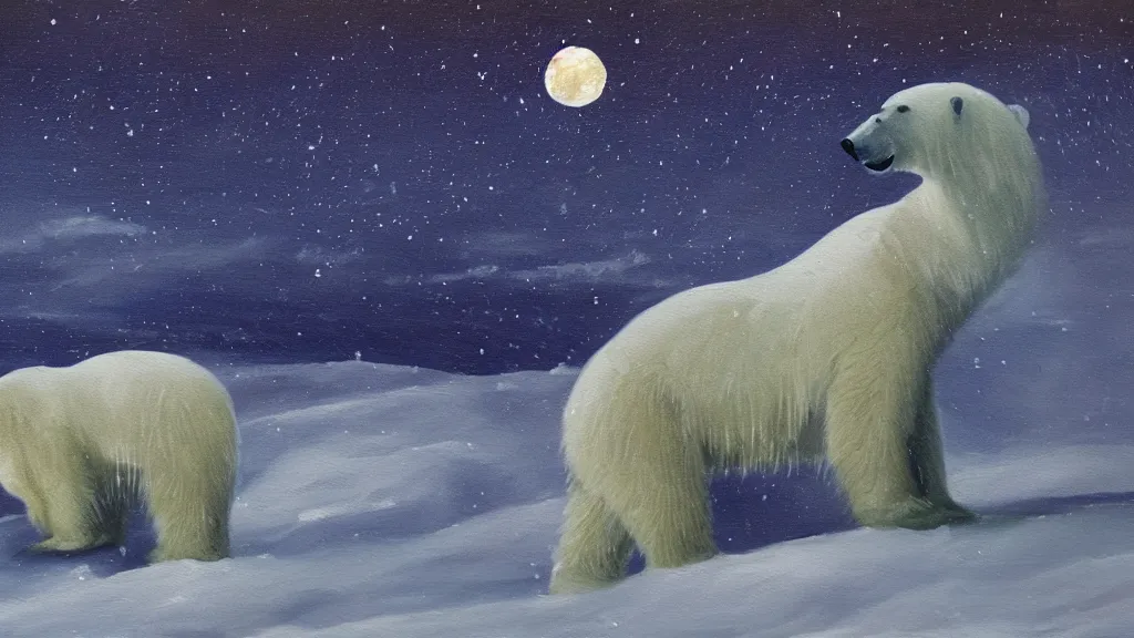 Image similar to an oil painting of a close - up polar bear traversing a snowy landscape at night, the northern lights and the moon are visible