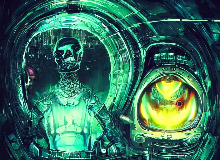 Image similar to a futuristic skull with glowing eyes and a wormhole tunnel cyberpunk art by android jones, featured on artstation, darksynth, synthwave