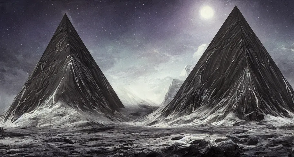 Prompt: black lovecraftian eldritch!! obsidian pyramid!! on a snowy island surrounded by still seas, with cosmic space in the background by eugene von guerard, ivan shishkin, cosmic space, concept art, trending on artstation, 8 k