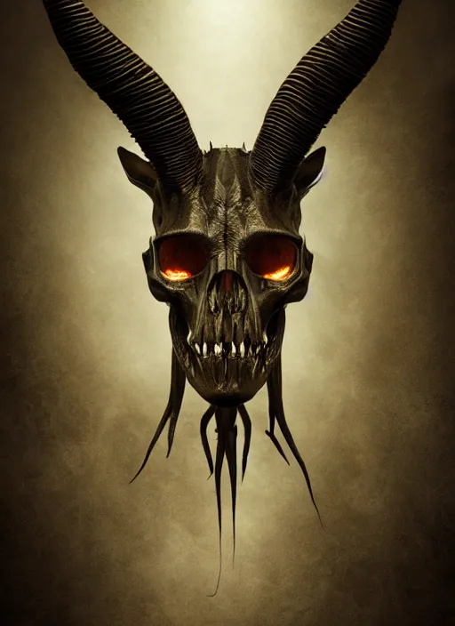 Image similar to portrait of realistic animal skull with long pointy alien horns, eerie glowing eyes, wall hanging trophy taxidermy, hyper realistic head, volumetric lighting, fantasy art, in the style of greg rutkowski, burne hogarth, intricate, alphonse mucha, hyper detailed, smooth