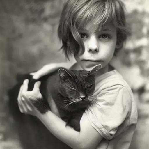 Image similar to a beautiful boy holding a cat, by sally mann