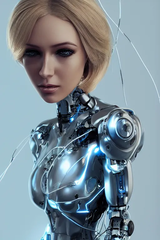 Image similar to a beautiful woman with blonde hair wearing robot suit with wires and light, highly detailed, photorealistic, artstation, smooth