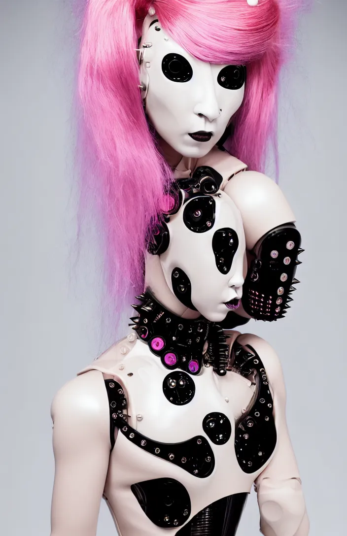 Image similar to symmetrical portrait of a biomechanical demoness wearing a steel spikes studded iridescent beauty mask and pink hair buns, wearing a black bodysuit by olivier rousting, cream white background, soft diffused light, biotechnology, humanoid robot, perfectly symmetric, bjork aesthetic, translucent, by rineke dijkstra, intricate details, highly detailed, masterpiece,
