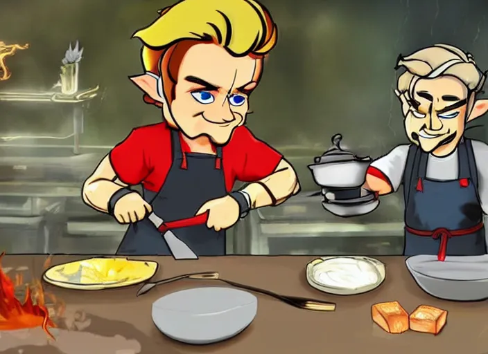 Image similar to gordon ramsey yelling at link for cooking burnt food in the style of breath of the wild, artstation