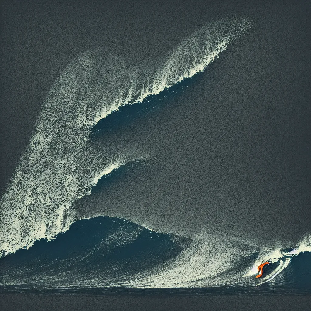 Image similar to surfing wave, mads berg, karolis strautniekas, film noir, stippled light, dramatic lighting, editorial illustration, detailed, fine texture, matte print, art deco, brutalism, dark blue + dark orange, red, black, ( ( habitat 6 7 background ) )