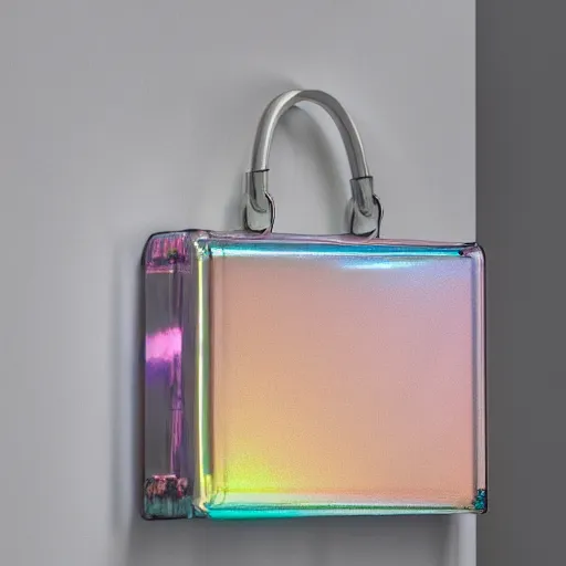 Prompt: an ultra high definition professional studio quality photograph of a transparent iridescent perspex pastel coloured luggage bag on a coat hook in an empty white room. dramatic lighting, ray tracing, refraction, shallow d. o. f, colour corrected, golden ratio, three point light. volumetric shadows. light rays.