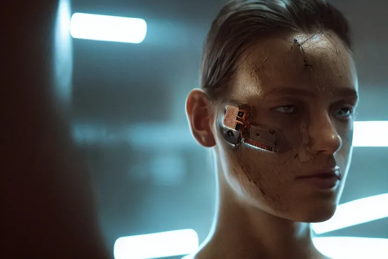 Image similar to VFX movie of a cyborg hacker closeup portrait in high tech compound, beautiful natural skin neon lighting by Emmanuel Lubezki