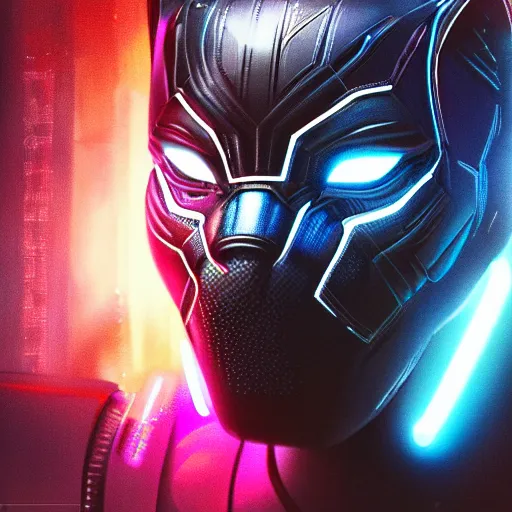 Image similar to Cyberpunk Black Panther, close up shot, neon, cyborg, futuristic, photorealistic, 8K,