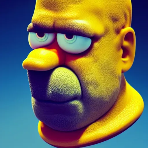 Prompt: homer simpson, realistic face, highly detailed eyes, highly detailed face, digital art, 8 k, hd, octane render, unreal engine, 3 d shading, subsurface scattering, limited concentration