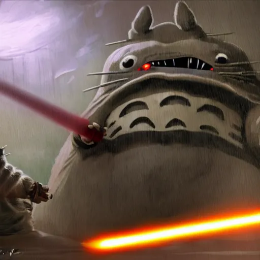 Prompt: totoro jedi slaying a sith lord, intricate detail, royo, klimt, miro, vallejo, frazetta, giger, whealan, hd, unreal engine,