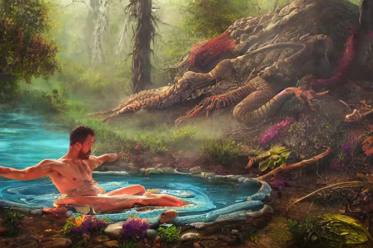 Image similar to highly detailed oil painting of a reptile man sitting in a steaming colorful hotspring with woodland forest backdrop, featured on artstation